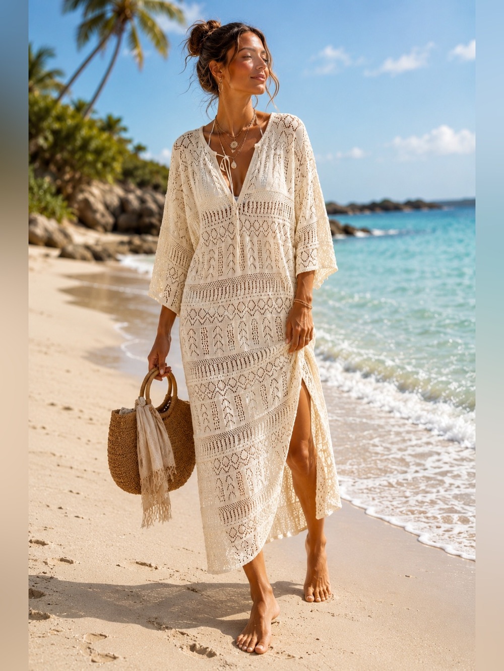 Zara Cream Openwork Crochet Maxi with Tie Detail